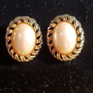 Vintage 1980's Givenchy Style Oval Pearl  Open Goldtone Setting Clip-On Earrings